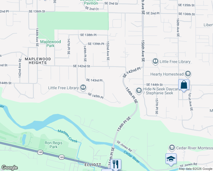 map of restaurants, bars, coffee shops, grocery stores, and more near 14419 152nd Place Southeast in Renton