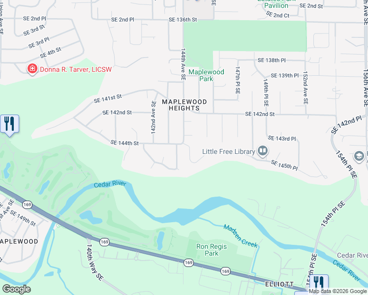 map of restaurants, bars, coffee shops, grocery stores, and more near 14412 Southeast 143rd Place in Renton