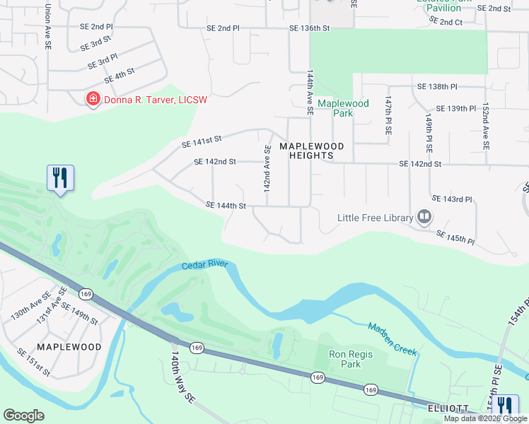 map of restaurants, bars, coffee shops, grocery stores, and more near 14426 141st Place Southeast in Renton