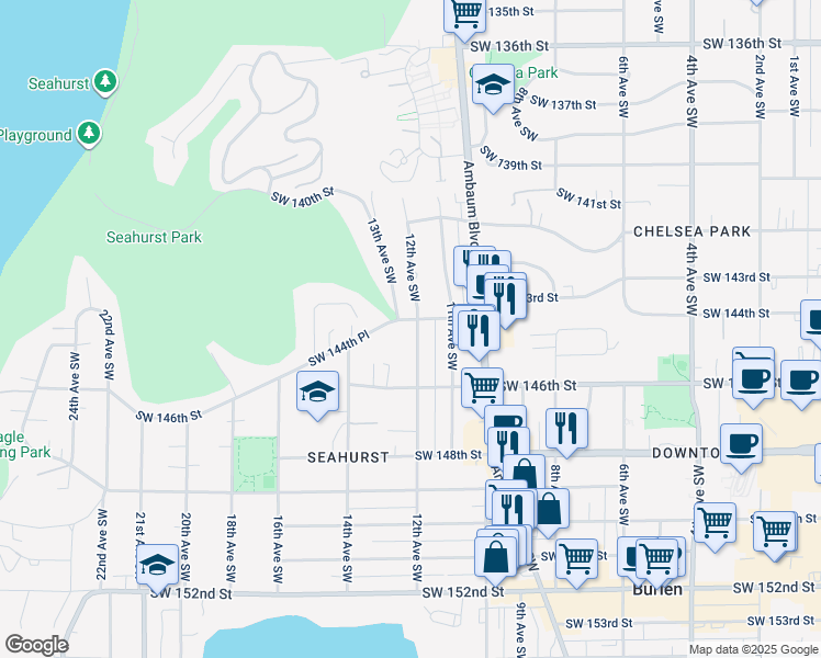 map of restaurants, bars, coffee shops, grocery stores, and more near 1215 Southwest 144th Street in Burien
