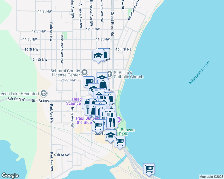 map of restaurants, bars, coffee shops, grocery stores, and more near 611 Bemidji Avenue North in Bemidji