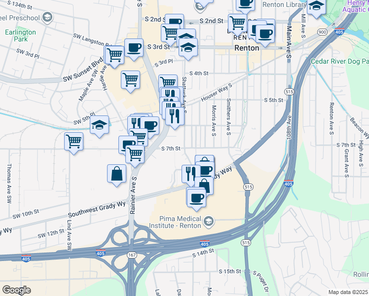 map of restaurants, bars, coffee shops, grocery stores, and more near Shattuck Avenue South & South 7th Street in Renton