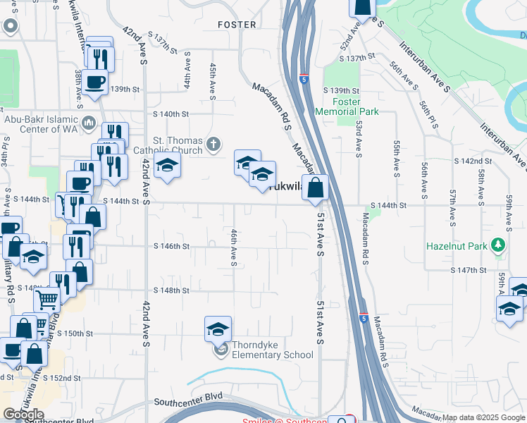 map of restaurants, bars, coffee shops, grocery stores, and more near 4641 South 144th Street in Tukwila