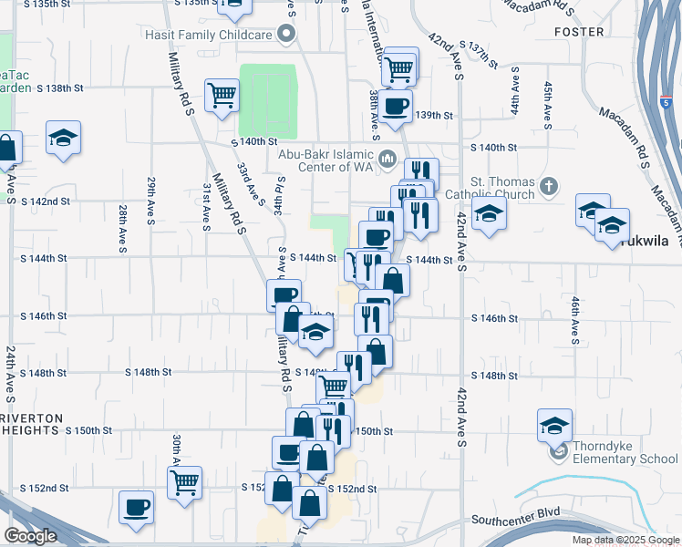 map of restaurants, bars, coffee shops, grocery stores, and more near 3440 South 146th Street in Tukwila