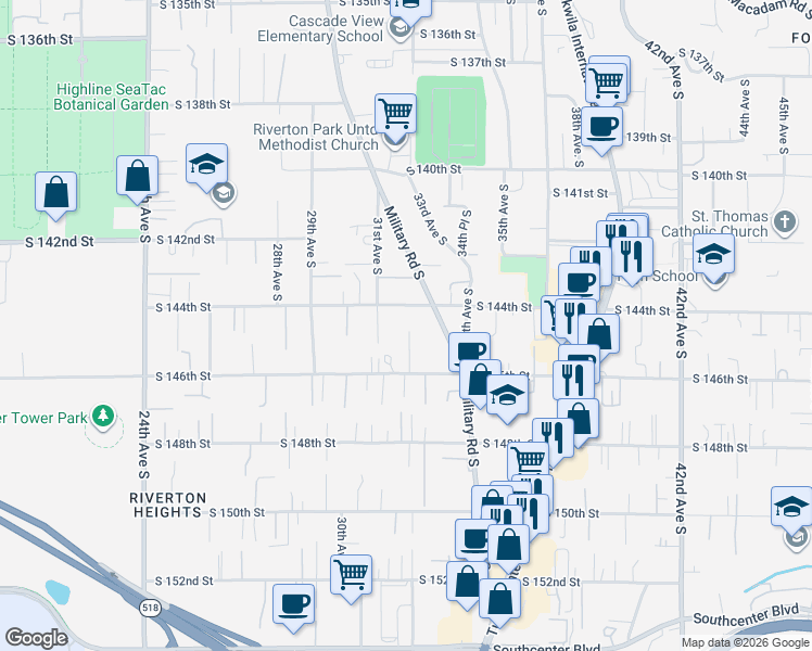 map of restaurants, bars, coffee shops, grocery stores, and more near 14427 32nd Lane South in SeaTac