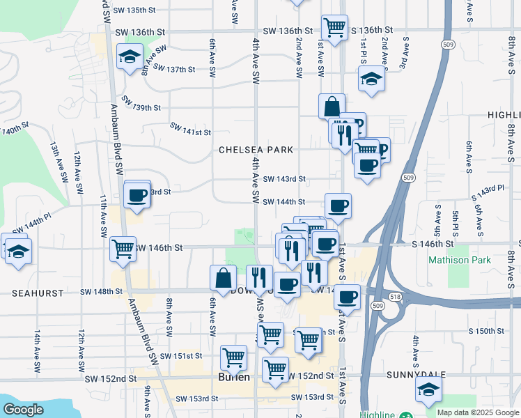 map of restaurants, bars, coffee shops, grocery stores, and more near 14404 4th Avenue Southwest in Burien