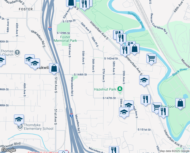 map of restaurants, bars, coffee shops, grocery stores, and more near 14415 57th Avenue South in Tukwila