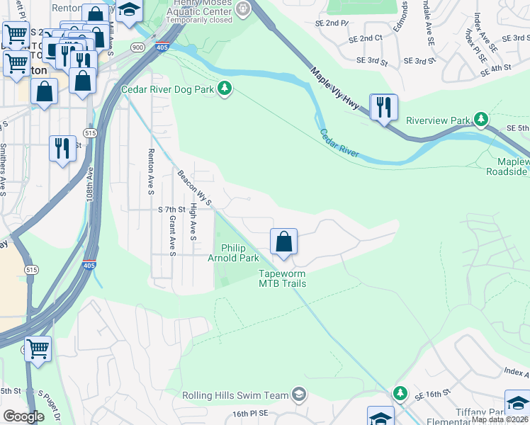 map of restaurants, bars, coffee shops, grocery stores, and more near 728 Lincoln Avenue Southeast in Renton