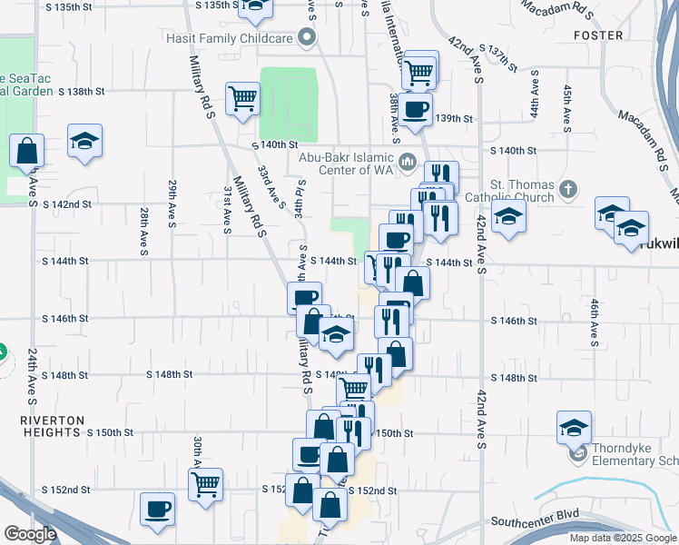 map of restaurants, bars, coffee shops, grocery stores, and more near 3440 South 146th Street in Tukwila
