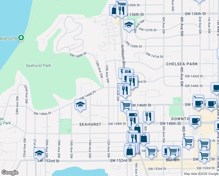 map of restaurants, bars, coffee shops, grocery stores, and more near 1215 Southwest 144th Street in Burien