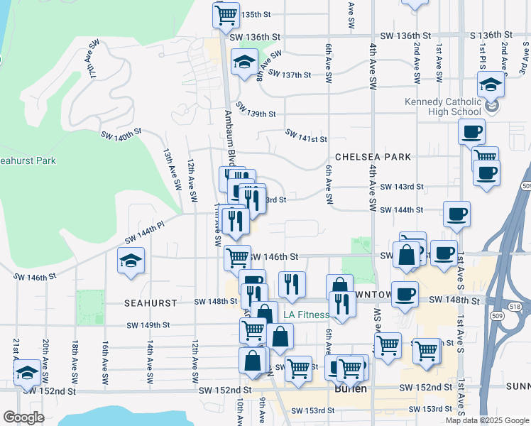 map of restaurants, bars, coffee shops, grocery stores, and more near 14400 Ambaum Boulevard Southwest in Burien