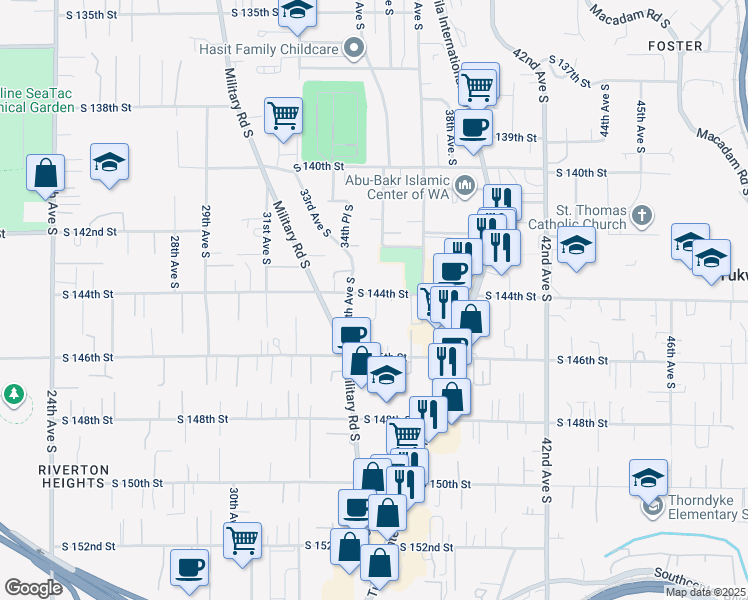 map of restaurants, bars, coffee shops, grocery stores, and more near 14426 34th Avenue South in Tukwila