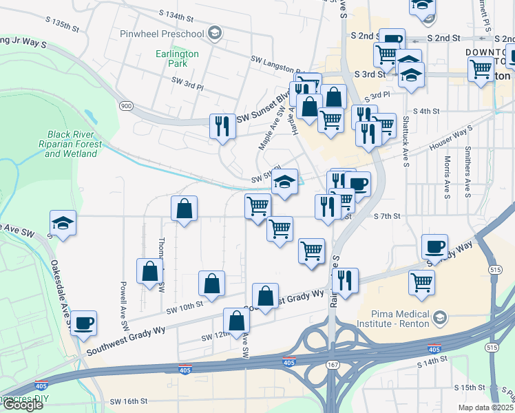 map of restaurants, bars, coffee shops, grocery stores, and more near 500 Southwest 7th Street in Renton
