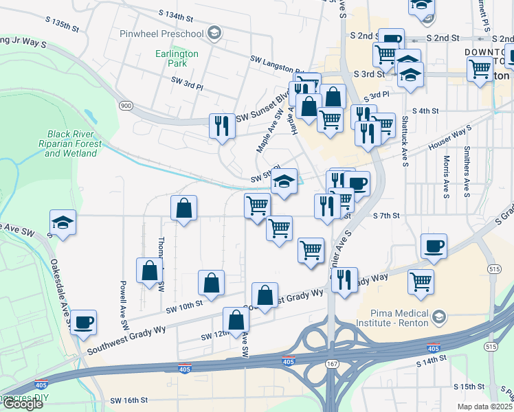 map of restaurants, bars, coffee shops, grocery stores, and more near 500 Southwest 7th Street in Renton