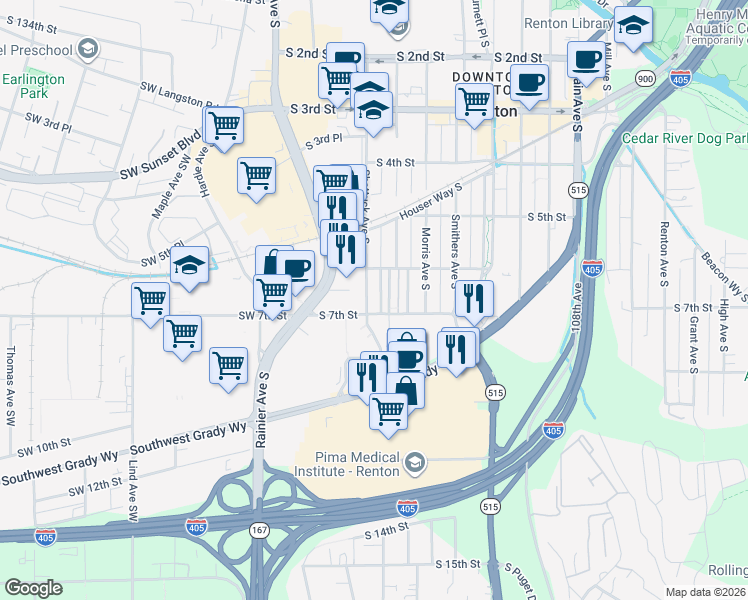 map of restaurants, bars, coffee shops, grocery stores, and more near 405 South 7th Street in Renton