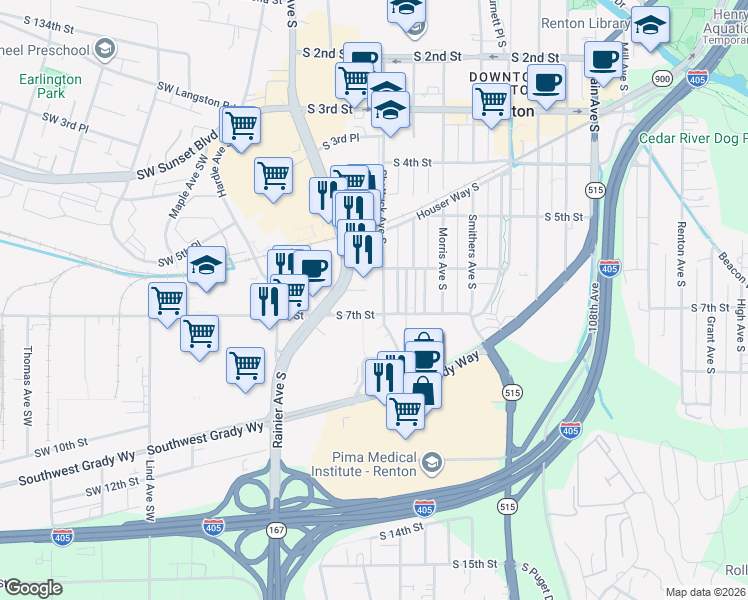 map of restaurants, bars, coffee shops, grocery stores, and more near 205 South 7th Street in Renton