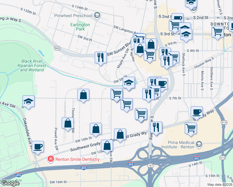 map of restaurants, bars, coffee shops, grocery stores, and more near 720 Lind Avenue Southwest in Renton