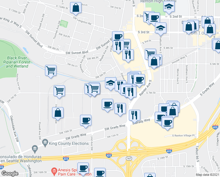 map of restaurants, bars, coffee shops, grocery stores, and more near 300 Southwest 7th Street in Renton
