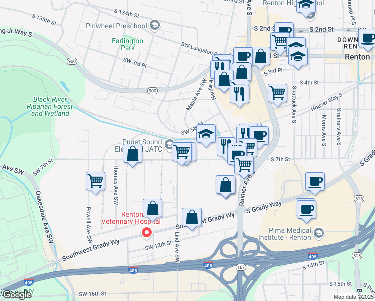 map of restaurants, bars, coffee shops, grocery stores, and more near 415 Southwest 5th Place in Renton