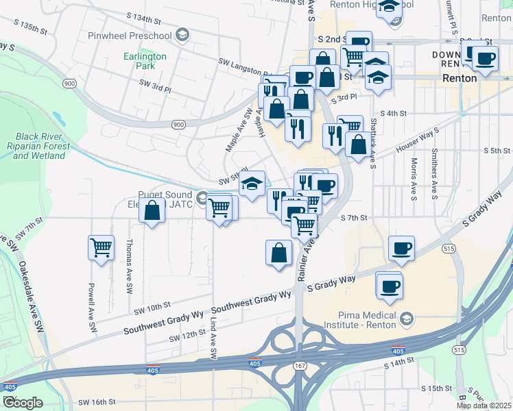 map of restaurants, bars, coffee shops, grocery stores, and more near 300 Southwest 7th Street in Renton
