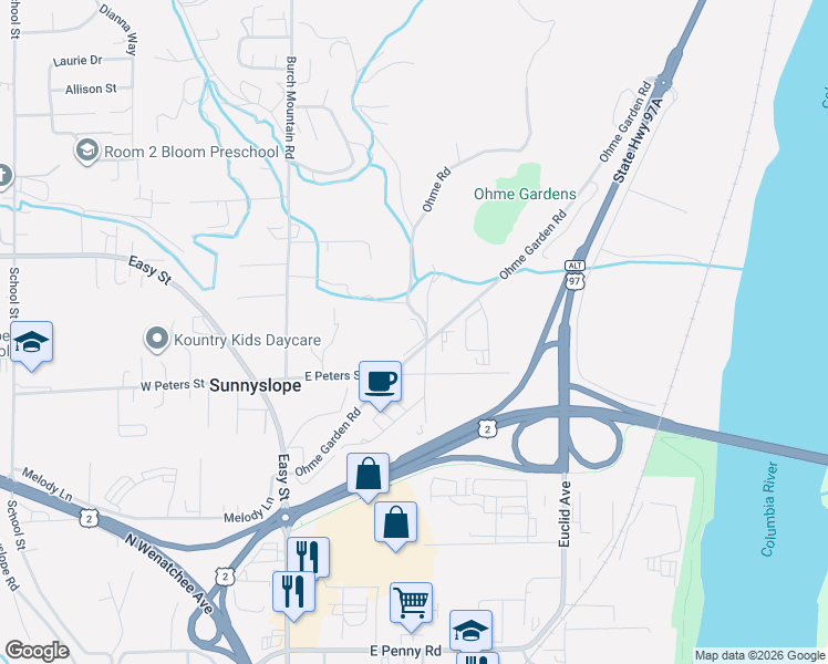map of restaurants, bars, coffee shops, grocery stores, and more near 3127 Ohme Road in Wenatchee