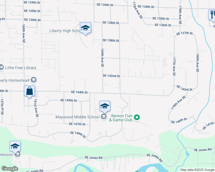 map of restaurants, bars, coffee shops, grocery stores, and more near 14214 169th Avenue Southeast in Renton