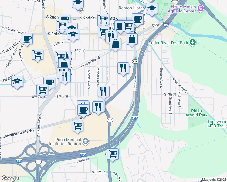 map of restaurants, bars, coffee shops, grocery stores, and more near 602 Burnett Avenue South in Renton