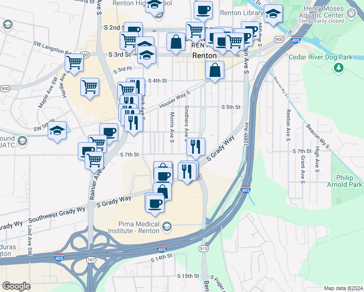 map of restaurants, bars, coffee shops, grocery stores, and more near 603 South 6th Street in Renton