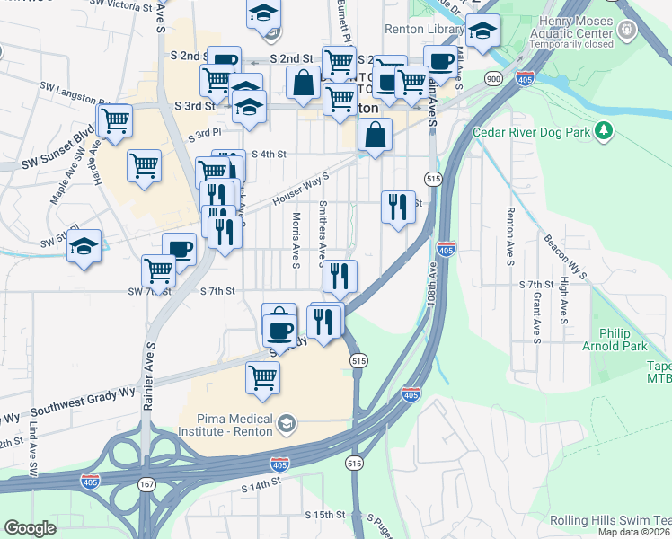 map of restaurants, bars, coffee shops, grocery stores, and more near 603 South 6th Street in Renton