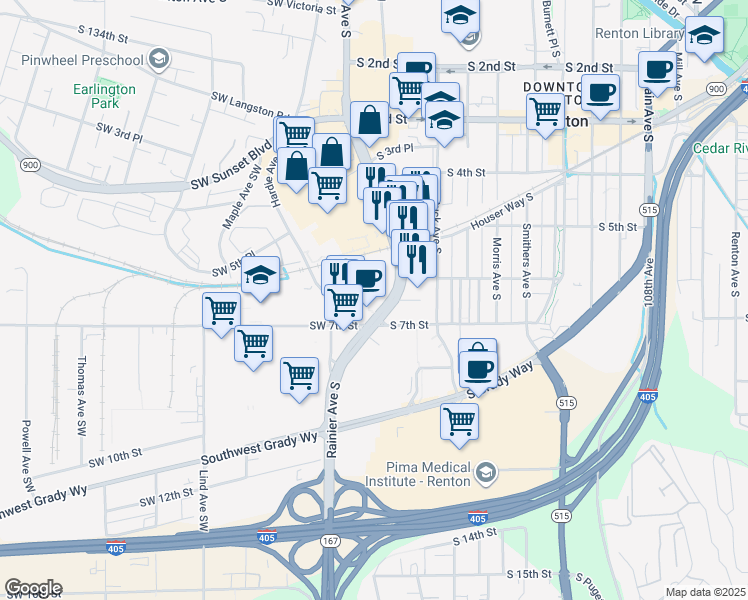 map of restaurants, bars, coffee shops, grocery stores, and more near 621 Rainier Avenue South in Renton