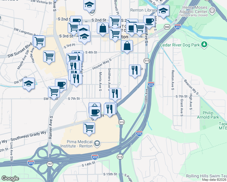 map of restaurants, bars, coffee shops, grocery stores, and more near 603 South 6th Street in Renton