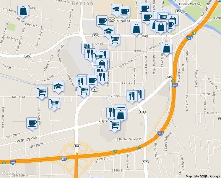 map of restaurants, bars, coffee shops, grocery stores, and more near 311 South 6th Street in Renton