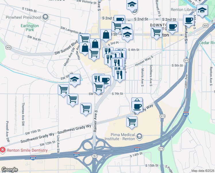 map of restaurants, bars, coffee shops, grocery stores, and more near in Renton