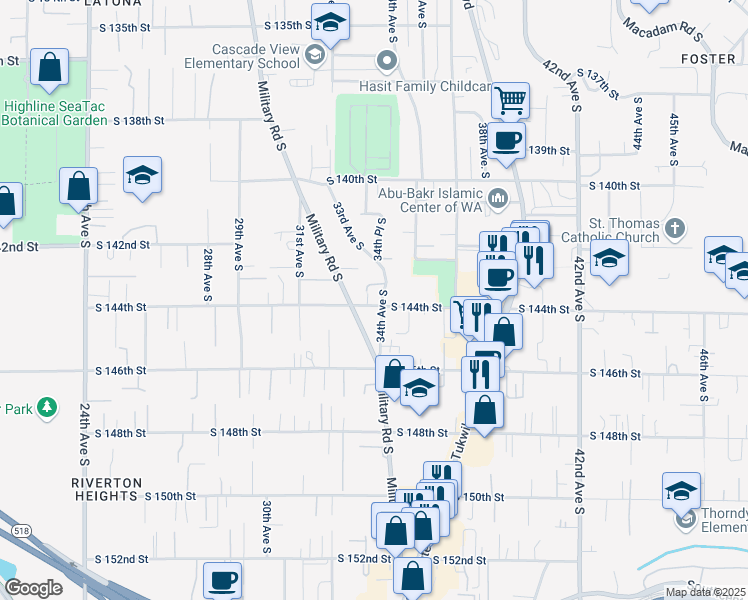 map of restaurants, bars, coffee shops, grocery stores, and more near 3219 South 142nd Place in Tukwila