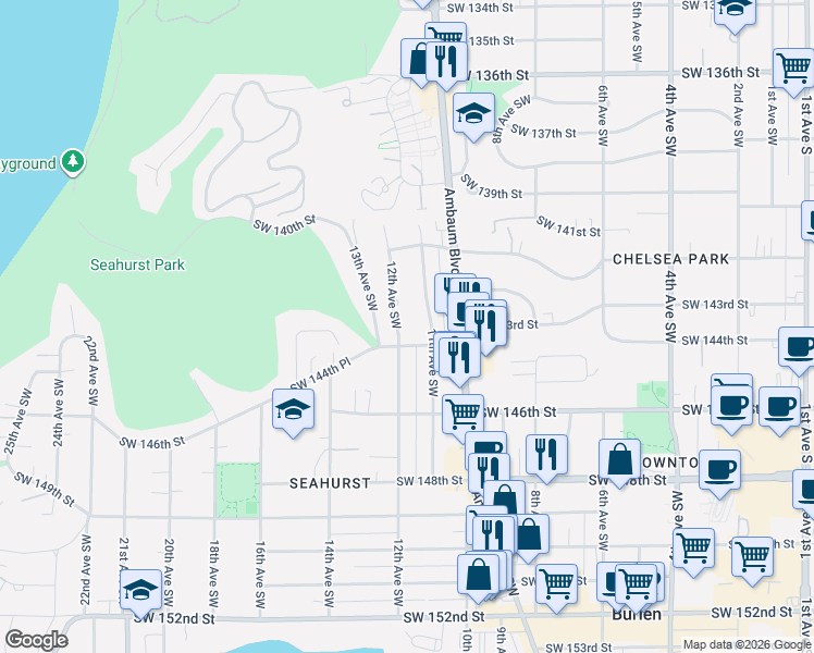 map of restaurants, bars, coffee shops, grocery stores, and more near 14313 11th Avenue Southwest in Burien