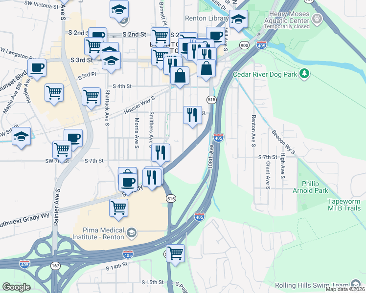 map of restaurants, bars, coffee shops, grocery stores, and more near in Renton
