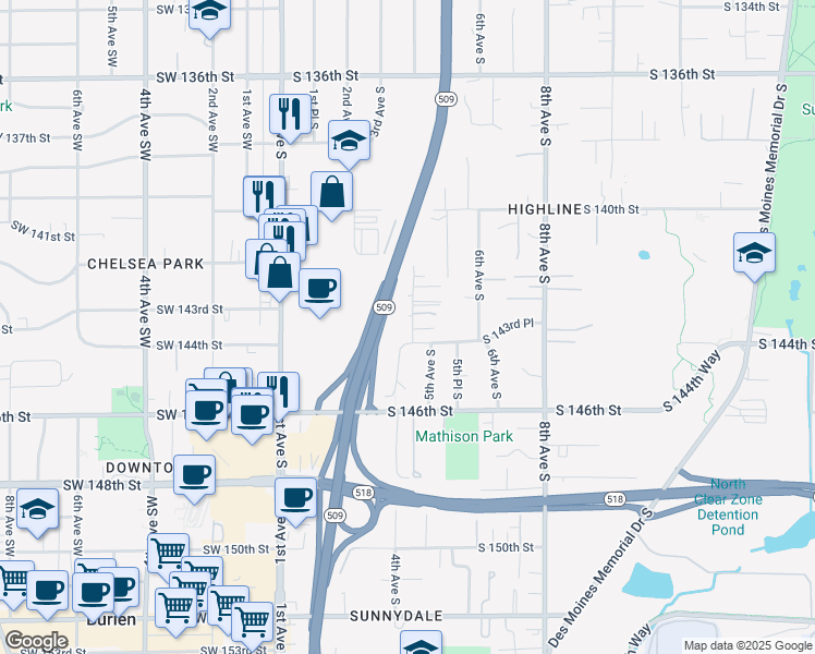 map of restaurants, bars, coffee shops, grocery stores, and more near 14227 4th Avenue South in Burien