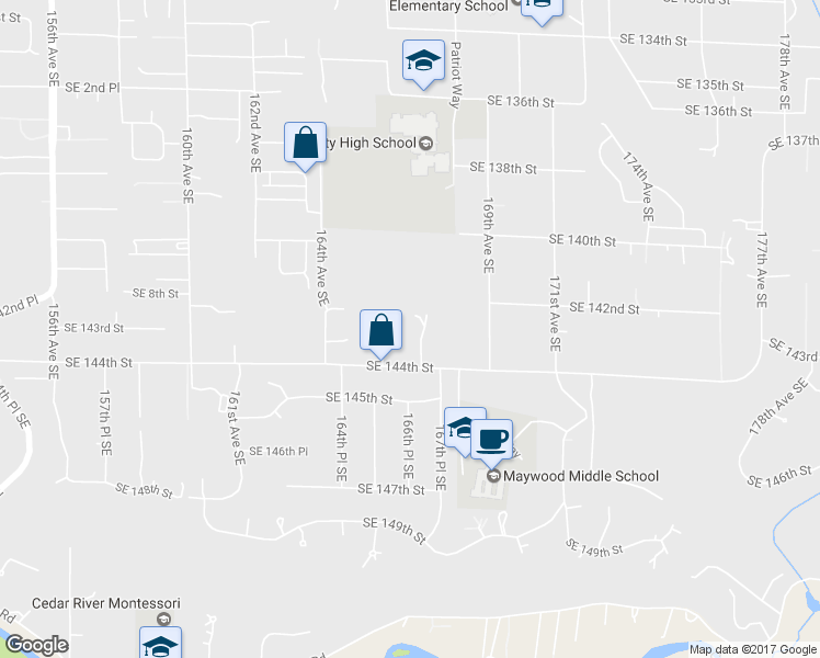 map of restaurants, bars, coffee shops, grocery stores, and more near 14317 166th Place Southeast in Renton