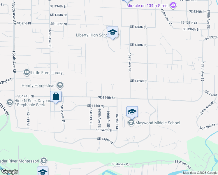 map of restaurants, bars, coffee shops, grocery stores, and more near 14317 166th Place Southeast in Renton