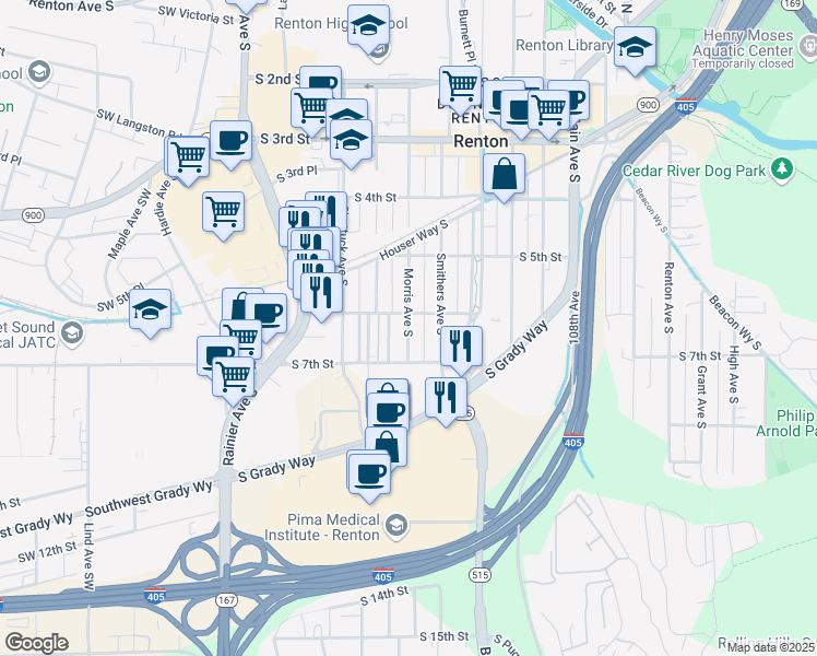 map of restaurants, bars, coffee shops, grocery stores, and more near 606 Morris Avenue South in Renton