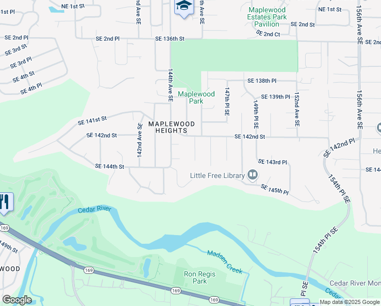 map of restaurants, bars, coffee shops, grocery stores, and more near 14229 145th Place Southeast in Renton