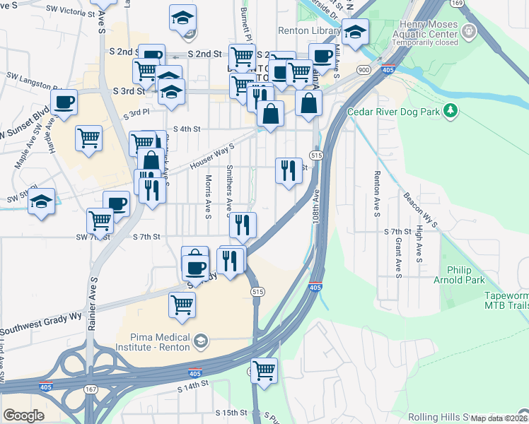 map of restaurants, bars, coffee shops, grocery stores, and more near 607 Williams Avenue South in Renton
