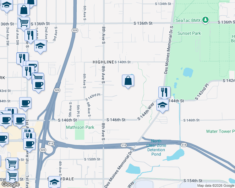 map of restaurants, bars, coffee shops, grocery stores, and more near 842 South 143rd Place in Burien