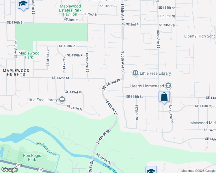 map of restaurants, bars, coffee shops, grocery stores, and more near 15403 Southeast 142nd Place in Renton