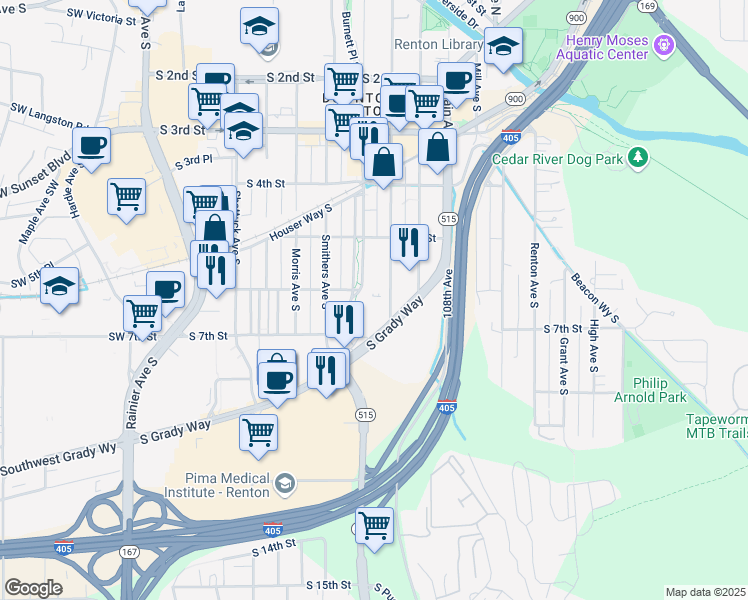map of restaurants, bars, coffee shops, grocery stores, and more near 602 Burnett Avenue South in Renton