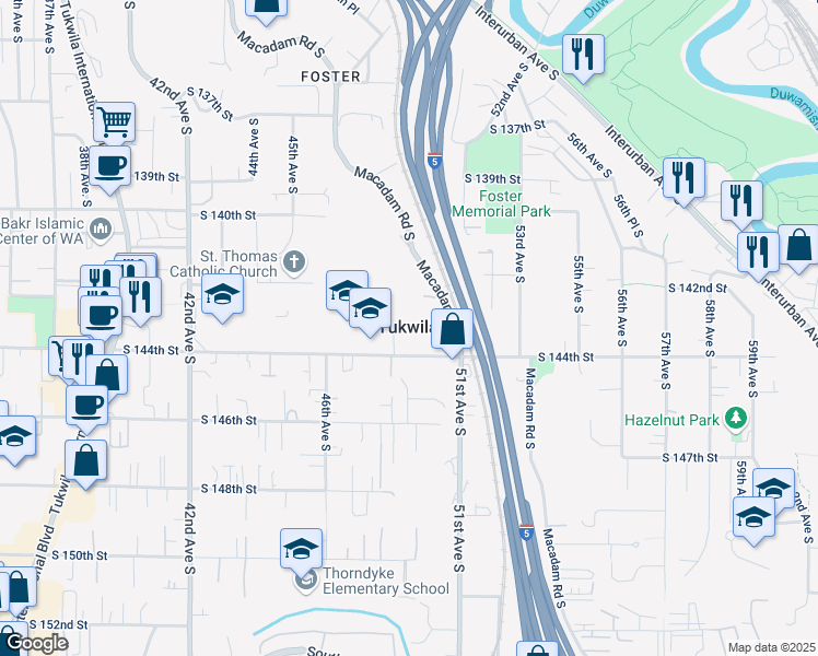 map of restaurants, bars, coffee shops, grocery stores, and more near in Tukwila