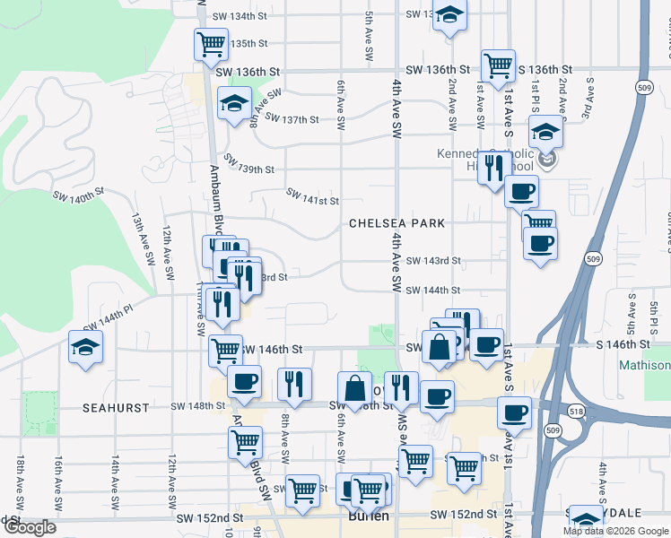map of restaurants, bars, coffee shops, grocery stores, and more near 14302 6th Avenue Southwest in Burien