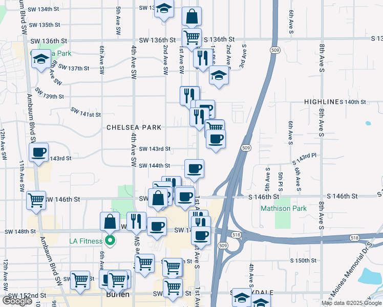 map of restaurants, bars, coffee shops, grocery stores, and more near in Burien