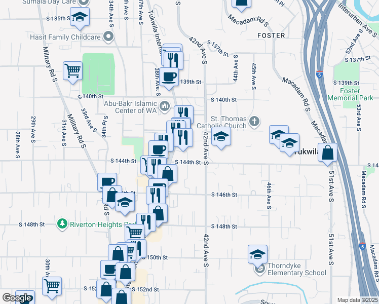 map of restaurants, bars, coffee shops, grocery stores, and more near 4110 South 144th Street in Tukwila