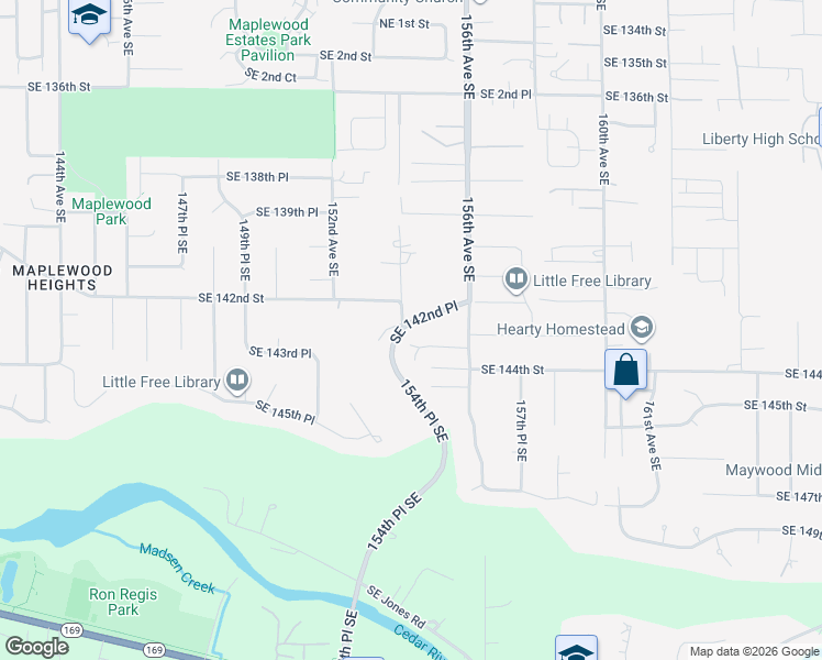 map of restaurants, bars, coffee shops, grocery stores, and more near 15403 Southeast 142nd Place in Renton